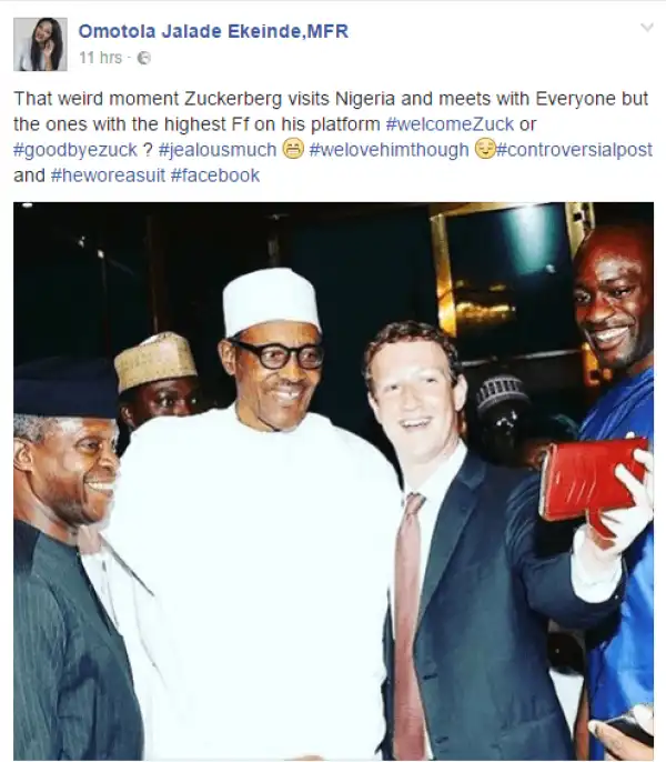 Omotola complains about Mark Zuckerberg not meeting her when he came to Nigeria